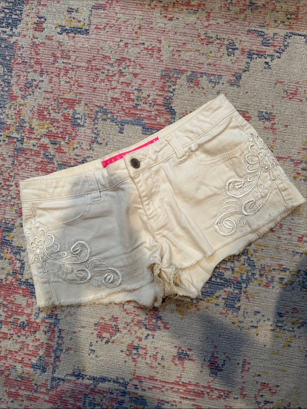 Tinseltown Off-White Embroidered Denim Shorts